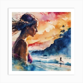 Watercolor Of A Woman On The Beach Art Print