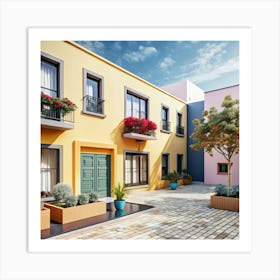 A charming Mediterranean-style courtyard with a yellow building and green doors. Art Print