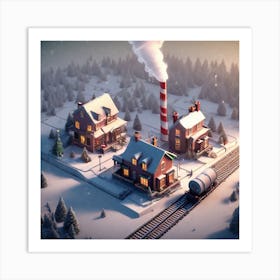 Christmas Decorated Home Outside Isometric Digital Art Smog Pollution Toxic Waste Chimneys And Art Print