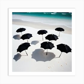 Black Umbrellas On The Beach Art Print