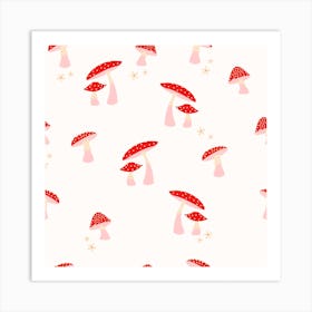 Mushrooms Red And Pink On White Square Art Print