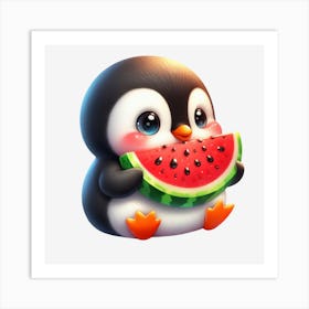 Cute Penguin Eating Watermelon 1 Art Print