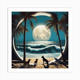 Dogs Full Moon, Sandy Parking Lot, Surfboards, Palm Trees, Beach, Whitewater, Surfers, Waves, Ocean, (1) Art Print