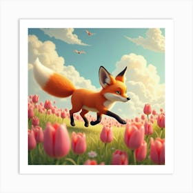 A Fanciful Fox Running Through A Meadow Of Giant Tulips And Swirling, Pastel Colored Clouds Art Print