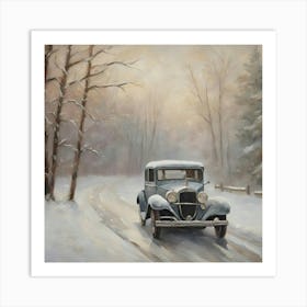 Old Car On Snowy Road Art Print