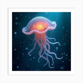 A Whimsical Jellyfish With Tendrils Of Glowing, Fractal Patterns Drifting Through A Magical Sea 1 Art Print