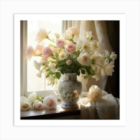 Pink Roses In A Vase 1 Art Print