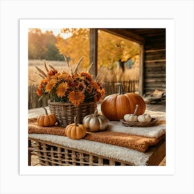 Autumn Flowers And Pumpkins Art Print