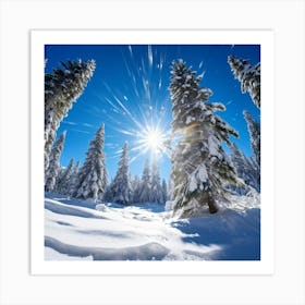 Crystal Clear Ice Clings To The Pine Trees Under A Vibrant Radiant Sun In A Wintry Wonderland Ext Art Print