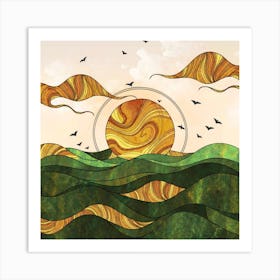 Straight and broken flowing lines and tree shapes, gold, sage, orange, lemon and brown calligraphy drawing in the form of a tropical ocean. 3 Art Print