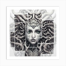 Monochrome portrait of a Medusa like human figure Art Print