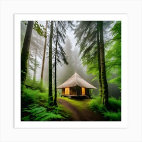 A Dense Forest With Trees And A Bright Hut With Bright Windows And Light Fog (1) Art Print