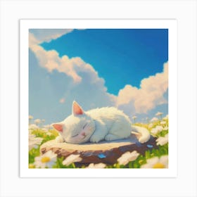 White Cat Sleeping In Daisies Art Print