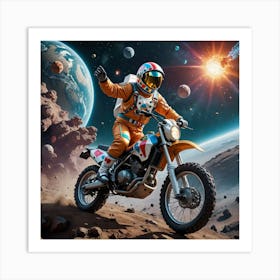 Astronaut Riding A Motorcycle In Space 1 Art Print