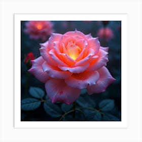 A Radiant Rose With Petals Of Cascading, Neon Patterns Blooming In A Surreal Garden Art Print