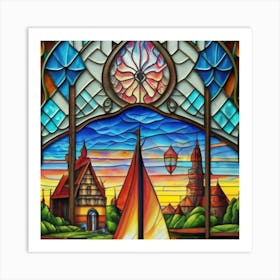 Image of medieval stained glass windows of a sunset at sea 4 Art Print