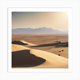 Vast desert with sand dunes and a lone oasis in the distance, hot sun and clear blue sky, peaceful, serene, desertscape, high resolution Art Print