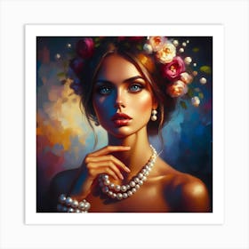 Beautiful Woman With Pearls And Flowers Art Print