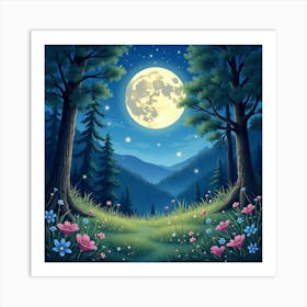 Moonlit Glade With Sparkling Fireflies, Watercolor 1 Art Print