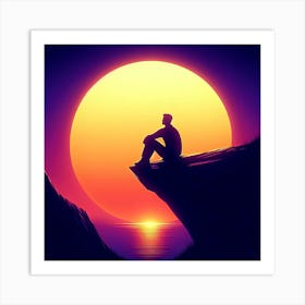 Sunset Man Sitting On Cliff Art Print