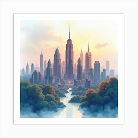 Watercolor Skyline Of A Bustling Fantasy City 1 Art Print