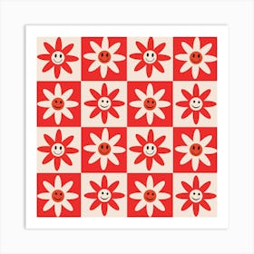 Checkered Red and White Smiling Flowers Art Print