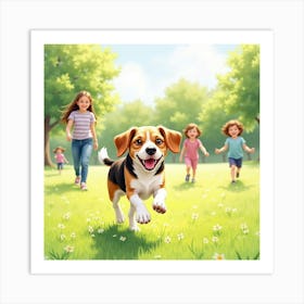 A Spirited Beagle Running With Kids In A Sunny Park, Watercolor 1 Art Print