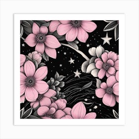 Pink Flowers On Black Background Art Print