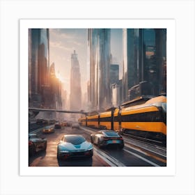 Futuristic cityscape with AI-powered transportation Art Print