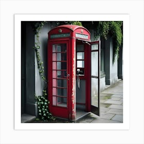 A Worn, Crimson Hued Telephone Booth With A Slightly Distressed, Retro Aesthetic, Its Once Bright Red Paint Chipped And Faded, Revealing Hints Of Rust And Decay, Situated On A Worn, Grey Stone Sidewalk, Surrounded By Lush Greenery, (2) Art Print