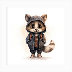 Watercolour Cartoon Raccoon In A Hoodie 1 Art Print