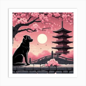 Japanese dog In Cherry Blossom Art Print