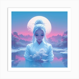 Asian Girl In Front Of The Moon Art Print