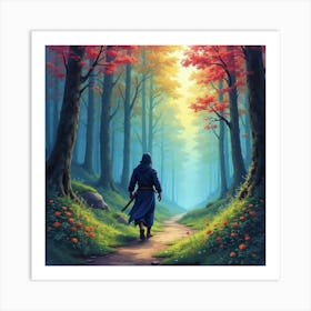 Ninja In Vibrant Forest Realm, Watercolor, Colorful And Lush 1 Art Print