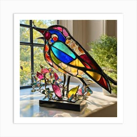 Bird In Nature Common Loon - colorful stained glass bird sculpture, illuminated by natural sunlight, sits on a windowsill. The vibrant colors of the glass pieces cast a beautiful array of hues across the surrounding area. Art Print