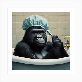 Gorilla In The Bath & Shower Cap 1 Art Print