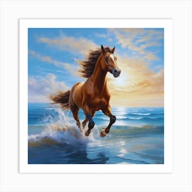 Brown Horse Running On The Beach Art Print