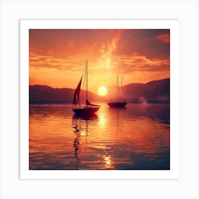 Sailboats At Sunset Art Print