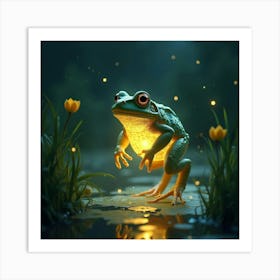 A Fantastical Frog With A Body Of Shimmering, Translucent Light Hopping Through A Glowing Marsh Art Print