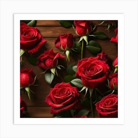 Red Roses On Wooden Background Art Print