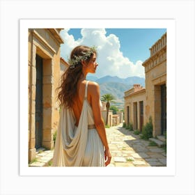 A Watercolor Painting Of A Beautiful Greek Woman In A Sunlit Ancient Village 1 Art Print