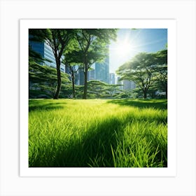 Bright Green Grass Under A Radiant Sun Swathed In Tokyo City Stands Out Against The Contrasting Sh (7) Art Print