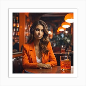 Beautiful Woman In Orange Jacket Sitting At The Bar Art Print