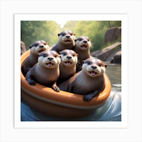 A Group Of Playful Otters Joyfully Slides Down The Embankment Their Gleeful Expressions Capturing The Essence Of Art Print