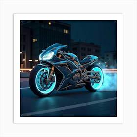 Super Bike With A Chrome Body And Glowing Accents Racing In The Night 1 Art Print