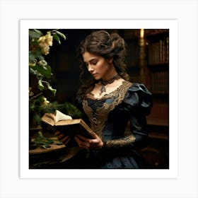 An Elegant Lady Dressed In Victorian Attire Clutches A Large Leather Bound Book To Her Chest Art Print