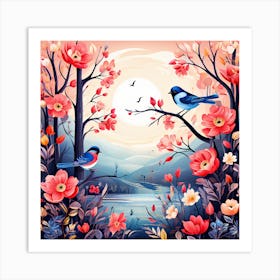 A Bright Toned Design With Flowers And Leaves Trees And Birds A Beautiful And Simple Picture That 296923191 (1) Art Print