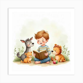 Toddler Reading A Picture Book Surrounded By Watercolor Animals Art Print