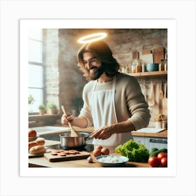 Jesus cooking a meal in a cozy modern kitchen 2 Art Print