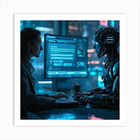 A Cyber Themed Website Interface With A Central Chat Dialog Box Engaging In Conversation With A Cli 2 1 Art Print